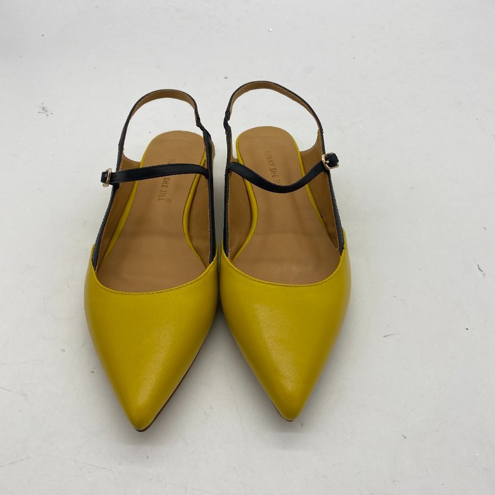 Yellow Women Pointed Toe Slingback Low Heel Pumps Dress Shoes - Picture 2 of 6